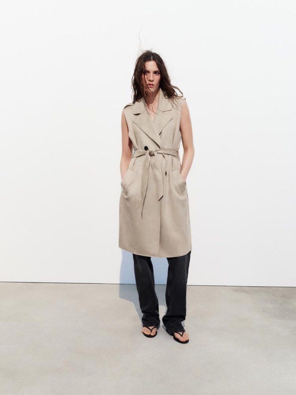 Zara Beige Faux Suede Sleeveless Belted Trench Vest